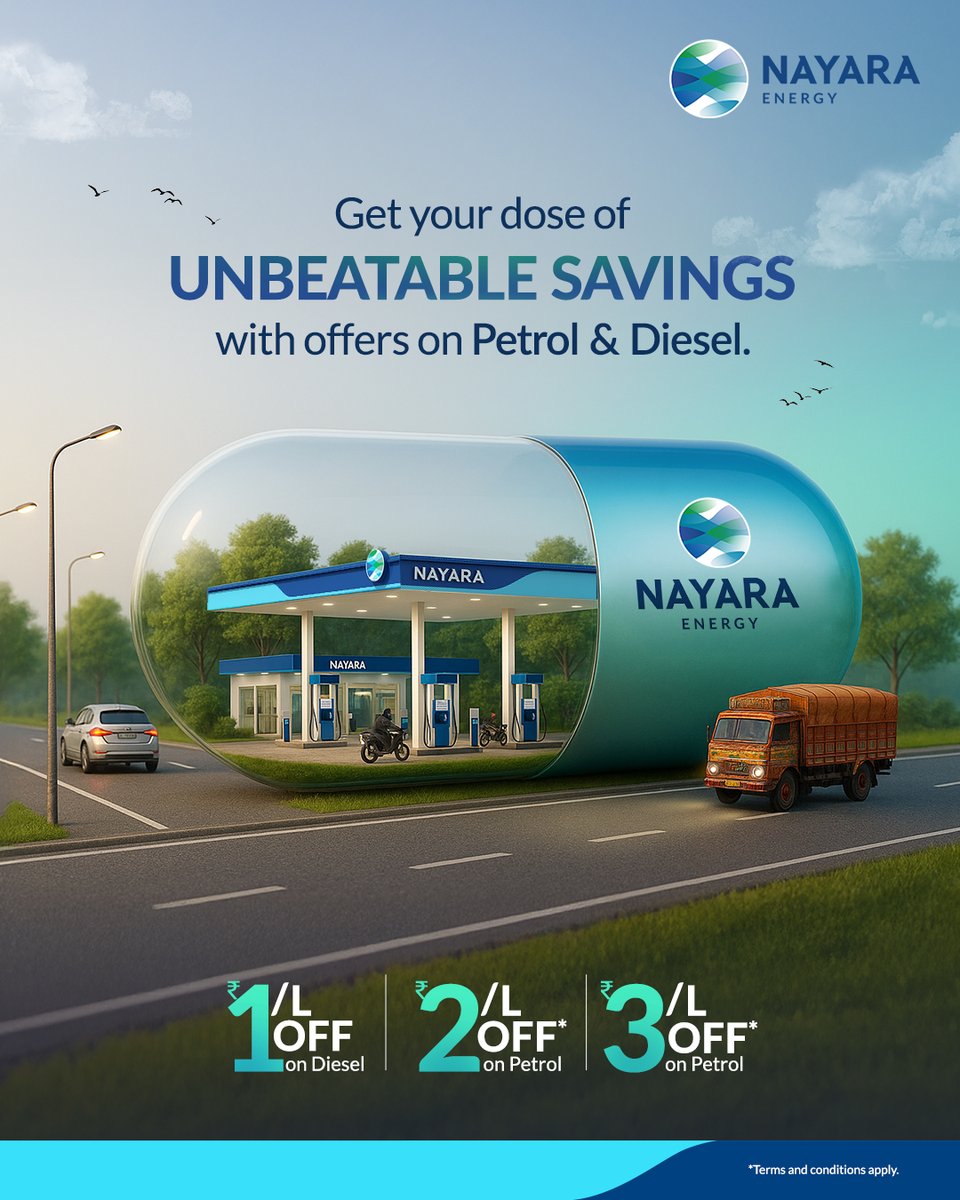 The perfect prescription for savings is here - only at #NayaraEnergy Petrol Pumps.

Enjoy:
₹1/L off on diesel
₹2/L off* on petrol when you refuel for ₹600 or more
₹3/L off* on petrol when you refuel for ₹3,000 or more

*T&amp;C apply. 

 #Petrol #Diesel #Offer #CapsuleTrend