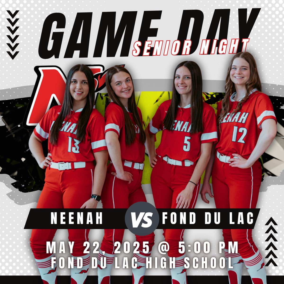 SENIOR NIGHT!
IT’S GAME DAY! The Rockets travel back home tonight to take on the Cardinals at 5:00 p.m. Come on out to cheer on our Rockets and recognize the seniors!
🥎: Neenah vs. Fond du Lac
📍: Neenah High School
🕔: 5:00 p.m. (JV and Varsity)