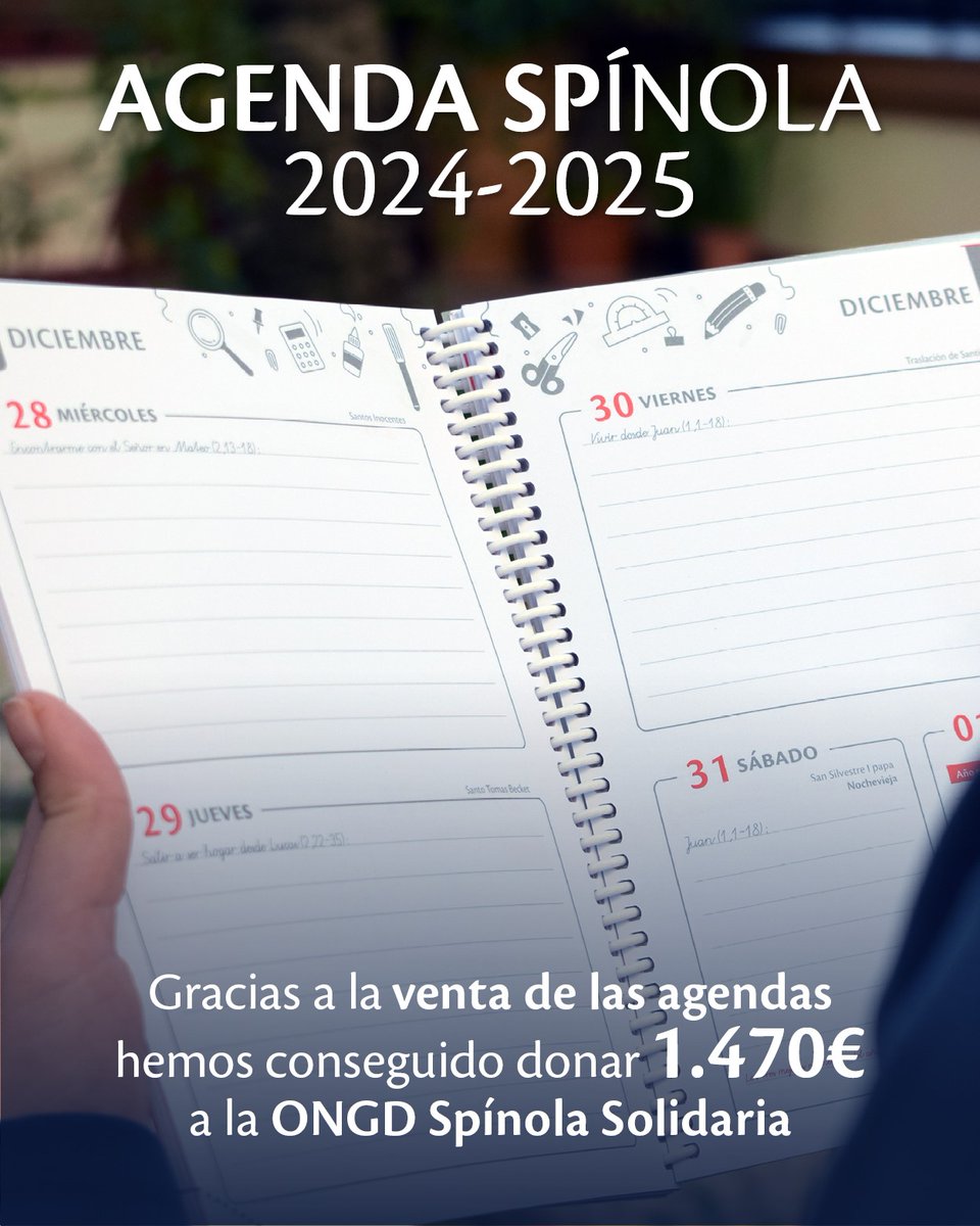 ¿Sabías que con la venta de la agenda Spínola contribuimos con la misión de <a href="/SP_Solidaria/">✳️ Spínola Solidaria</a>? Este curso, hemos realizado una donación de 1.470€. Un modo de seguir construyendo red y a la que puedes sumarte.
 
Ya puedes reservar en tu cole la nueva agenda para el curso 2025-2026.