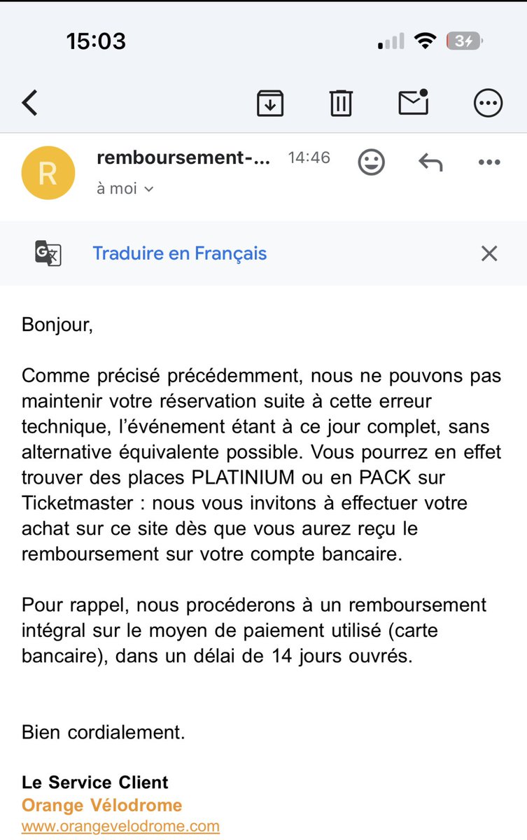 VoynnetL's tweet photo. @jsuisharry @orangevelodrome @orangevelodrome c’est comme ça que vous traitez vos clients alors ? 
En vous contredisant dans votre propre mail et en nous disant d’acheter des billet 3 fois plus chers ? https://t.co/f8ZfDoDOGv