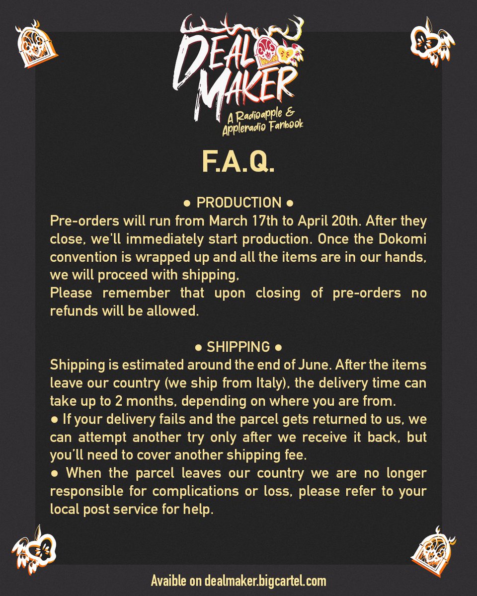 Hello dearest infidels, we tune back in to give you a bunch of updates!
&gt;We are in the process of getting our hands on the zines and about to order the merch! 
&gt;After Dokomi ends (5-9 June), we'll start shipping your orders!
Thank you for your patience and your support so far🙏♥️
