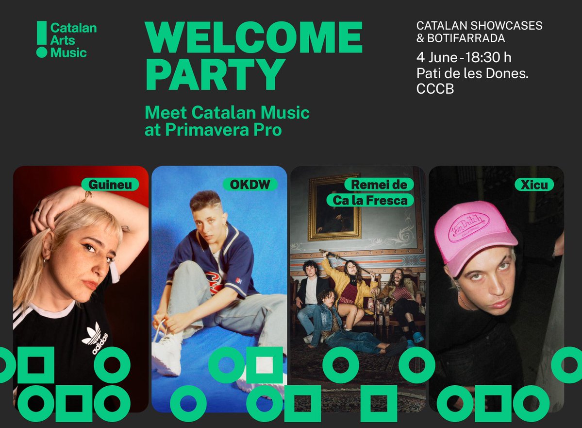 Catalan Arts (@catalanarts) on Twitter photo 🌸🎶Meet Catalan Music at <a href="/PrimaveraPro/">Primavera Pro</a>, the professional meeting of <a href="/Primavera_Sound/">Primavera Sound</a>!
☝🏼Join us on 4 June 18:30 at <a href="/cececebe/">CCCB</a> Barcelona and enjoy the Catalan showcases by:
➡️ GUINEU
➡️ okdw
➡️ Remei de Ca la Fresca (<a href="/remeifresca/">Remei de Ca la Fresca</a>)
➡️ xicu (<a href="/xicu____/">xicu</a>)
👀icec.cat/CA_N_Primavera… 🌸🎶Meet Catalan Music at <a href="/PrimaveraPro/">Primavera Pro</a>, the professional meeting of <a href="/Primavera_Sound/">Primavera Sound</a>!
☝🏼Join us on 4 June 18:30 at <a href="/cececebe/">CCCB</a> Barcelona and enjoy the Catalan showcases by:
➡️ GUINEU
➡️ okdw
➡️ Remei de Ca la Fresca (<a href="/remeifresca/">Remei de Ca la Fresca</a>)
➡️ xicu (<a href="/xicu____/">xicu</a>)
👀icec.cat/CA_N_Primavera…