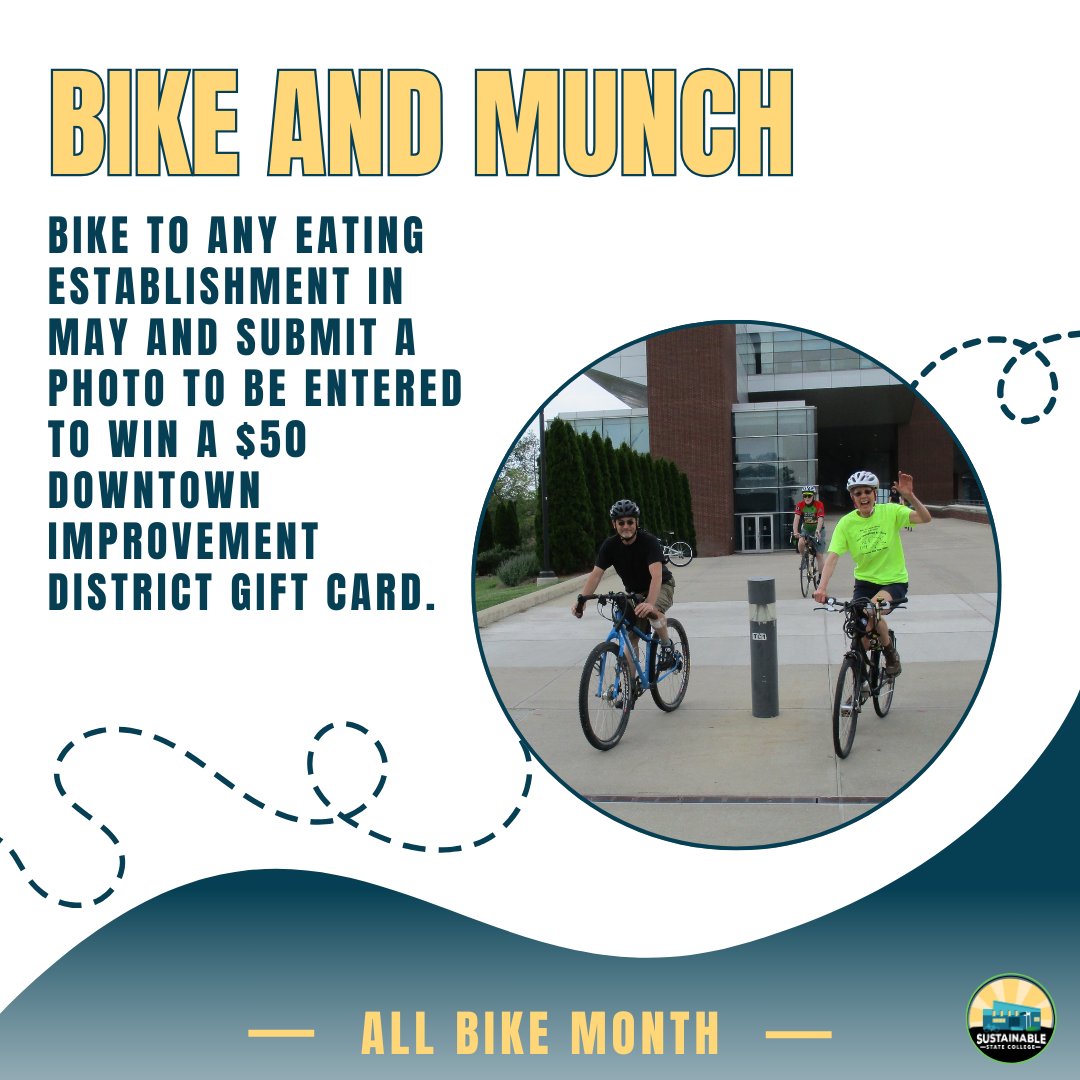 During the month of May, ride your bike to any eating establishment in the Centre Region and buy some grub! Submit your photo to be entered to win a $50 Downtown Improvement District gift card. 

➡️ Submit your photos here: …ecollege.form.transform.civicplus.com/52629
