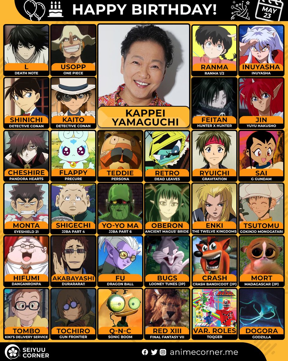 Seiyuu Corner (@seiyuucorner) on Twitter photo Happy 60th birthday Kappei Yamaguchi! 🎉
Let's wish him all the best <a href="/ENma_Dororon/">山口勝平@「勝平大百科 50キャラで見る僕の声優史」発売中です❗️</a>
#KappeiYamaguchi #山口勝平 Happy 60th birthday Kappei Yamaguchi! 🎉
Let's wish him all the best <a href="/ENma_Dororon/">山口勝平@「勝平大百科 50キャラで見る僕の声優史」発売中です❗️</a>
#KappeiYamaguchi #山口勝平
