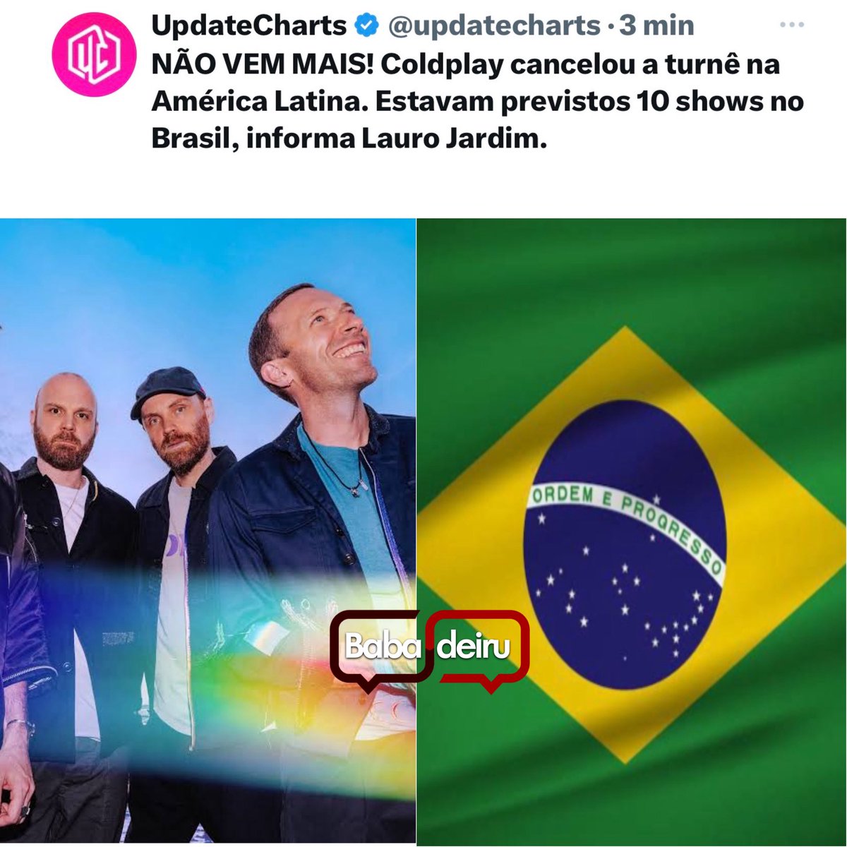 babadeiru's tweet photo. Segundo o colunista Lauro Jardim, do jornal O Globo, o Coldplay cancelou sua turnê que estava prevista para acontecer na América Latina em 2025.

A confirmação de shows da banda no país nunca foi oficializada, se tratando de rumores - até então. https://t.co/9tsZpXeEOP