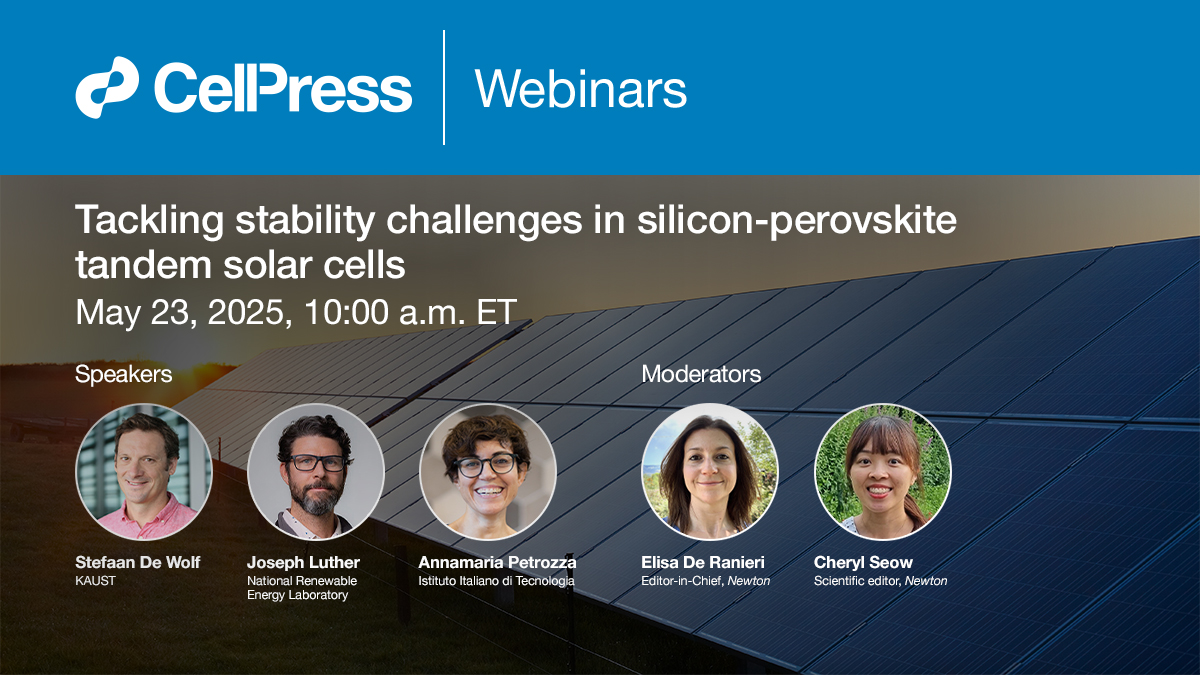 Join tomorrow’s webinar with Stefaan De Wolf (‘<a href="/KAUST_news/">KAUST</a>), Joseph Luther (‘<a href="/NREL/">NREL</a>), and Annamaria Petrozza (‘<a href="/IIT/">IIT</a>) on tackling stability challenges in silicon-perovskite tandem solar cells. May 23, 10:00 AM ET
Don’t miss the live discussion—register now!
hubs.li/Q03nJYdj0