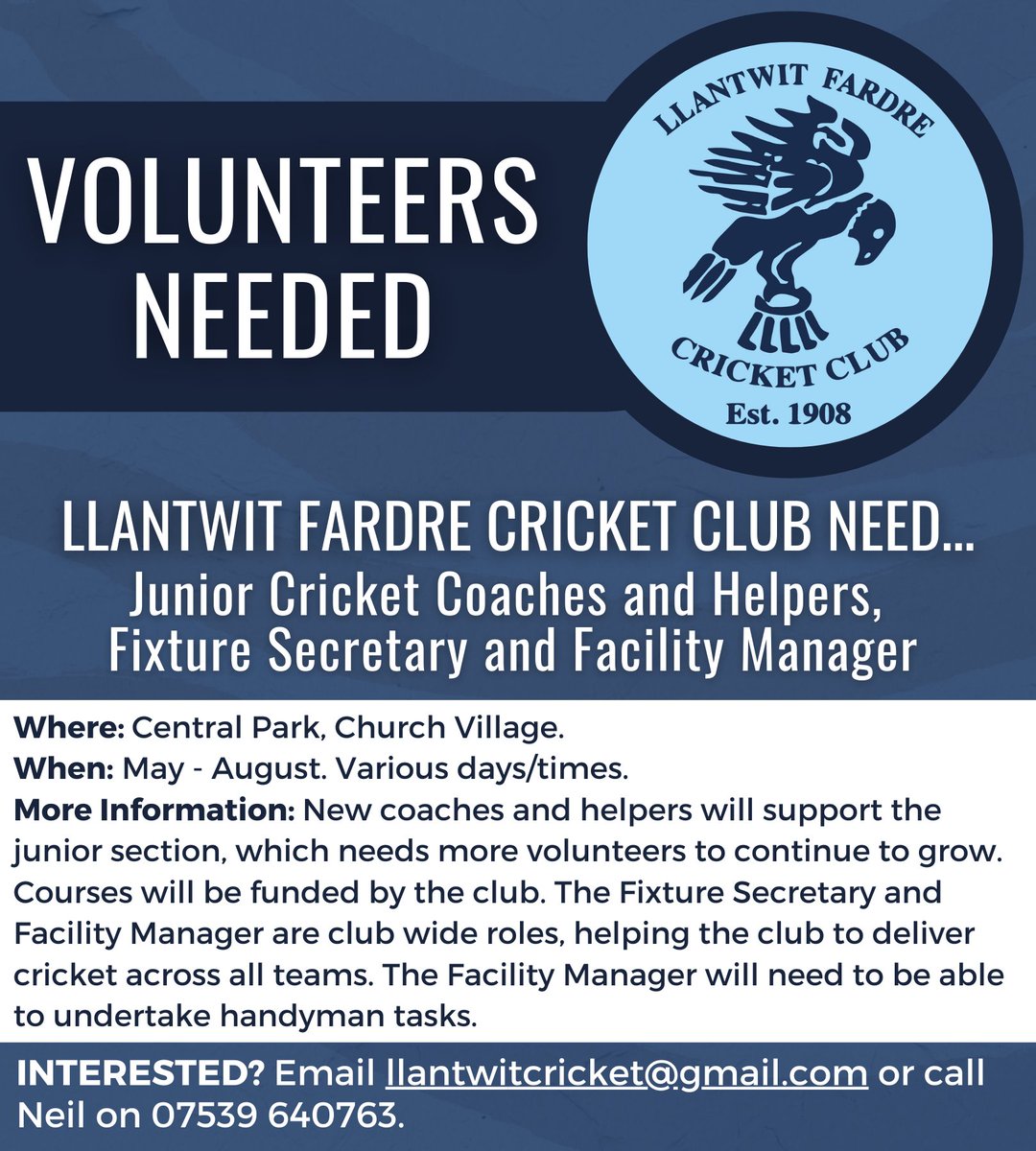 Chwaraeon RhCT | Sport RCT (@sportrct) on Twitter photo Llantwit Fardre Cricket Club are recruiting volunteers!
They need..
🏏Junior Coaches
🏏Junior Helpers
🏏Fixture Secretary
🏏Facility Manager
For more details or to enquire email llantwitcricket@gmail.com or call Neil on 07539640763.
<a href="/FardreCC/">Llantwit Fardre Cricket Club</a> <a href="/CricketWales/">Criced Cymru / Cricket Wales 🏏🏴</a> Llantwit Fardre Cricket Club are recruiting volunteers!
They need..
🏏Junior Coaches
🏏Junior Helpers
🏏Fixture Secretary
🏏Facility Manager
For more details or to enquire email llantwitcricket@gmail.com or call Neil on 07539640763.
<a href="/FardreCC/">Llantwit Fardre Cricket Club</a> <a href="/CricketWales/">Criced Cymru / Cricket Wales 🏏🏴</a>