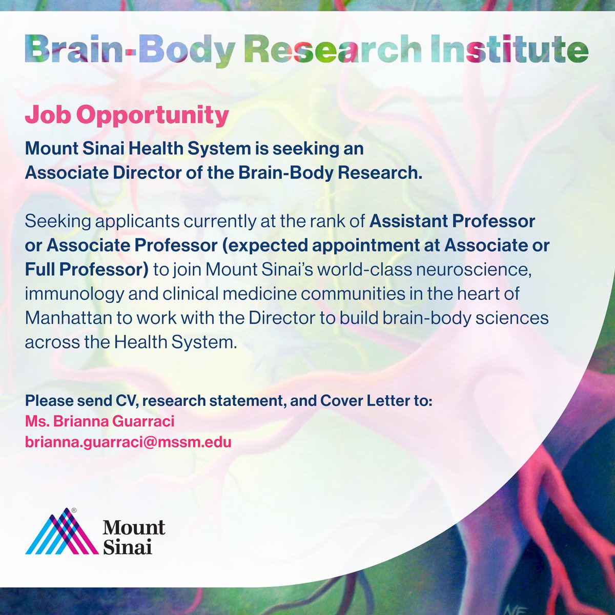 Friedman Brain Institute (@sinaibrain) on Twitter photo .<a href="/MountSinaiNYC/">Mount Sinai Health System</a> is seeking an Associate Director of the #BrainBodyResearchInstitute w/ additional appointments in the Nash Family Department of Neuroscience, Friedman Brain Institute, <a href="/SinaiImmunol/">Lipschultz Precision Immunology Institute</a> & relevant clinical depts <a href="/IcahnMountSinai/">Icahn School of Medicine at Mount Sinai</a>. Learn More➡️neuroscience.mssm.edu/pdf/Brain-Body… .<a href="/MountSinaiNYC/">Mount Sinai Health System</a> is seeking an Associate Director of the #BrainBodyResearchInstitute w/ additional appointments in the Nash Family Department of Neuroscience, Friedman Brain Institute, <a href="/SinaiImmunol/">Lipschultz Precision Immunology Institute</a> & relevant clinical depts <a href="/IcahnMountSinai/">Icahn School of Medicine at Mount Sinai</a>. Learn More➡️neuroscience.mssm.edu/pdf/Brain-Body…