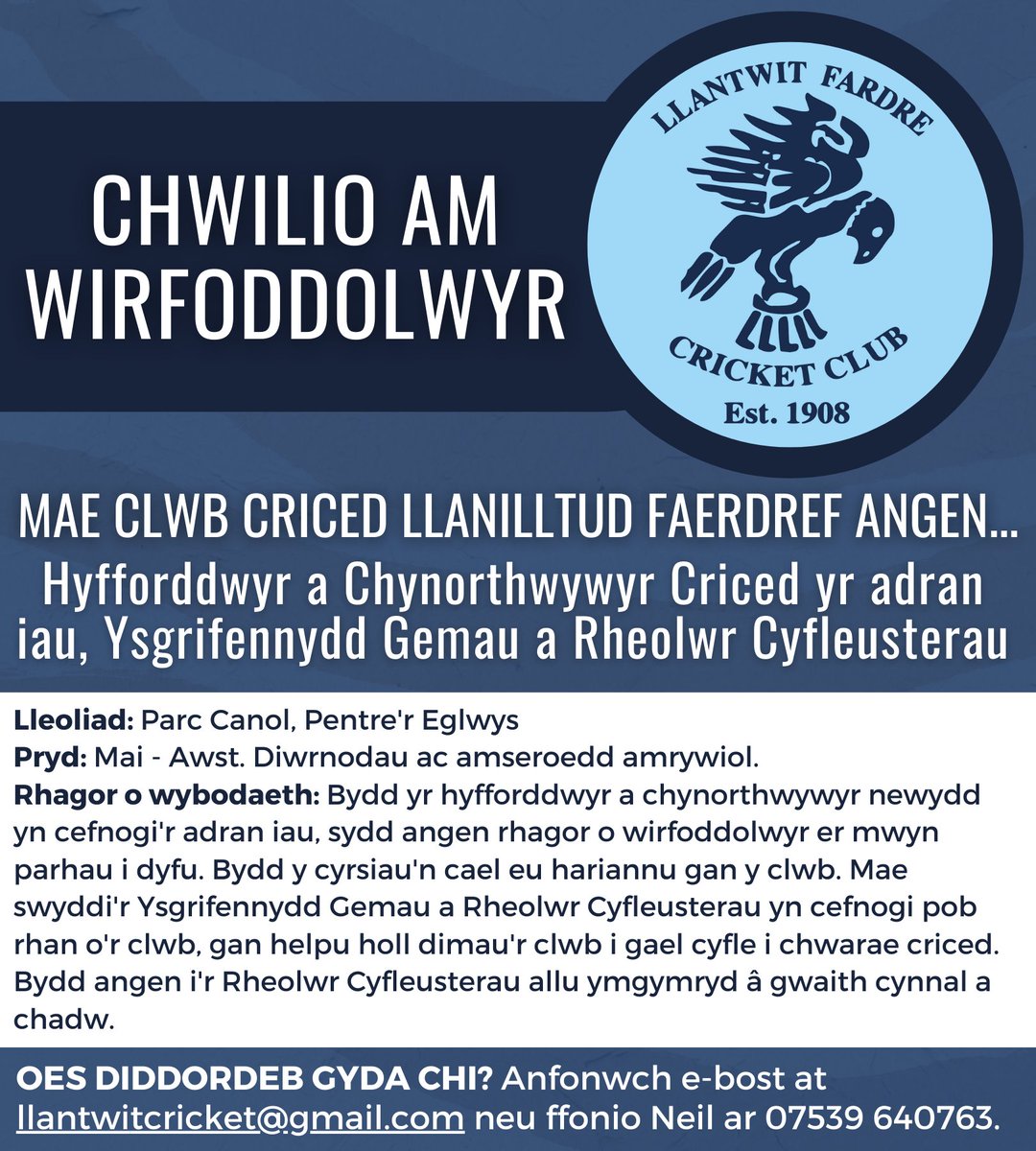 Chwaraeon RhCT | Sport RCT (@sportrct) on Twitter photo Mae Clwb Criced Llanilltud Faerdref yn recriwtio gwirfoddolwyr!
Mae angen..
Hyfforddwyr Iau
Cynorthwywyr Iau
Ysgrifennydd Gemau
Rheolwr Cyfleusterau
Am fwy o fanylion neu i wneud cais, e-bostiwch llantwitcricket@gmail.com neu ffonio Neil ar 07539640763. Mae Clwb Criced Llanilltud Faerdref yn recriwtio gwirfoddolwyr!
Mae angen..
Hyfforddwyr Iau
Cynorthwywyr Iau
Ysgrifennydd Gemau
Rheolwr Cyfleusterau
Am fwy o fanylion neu i wneud cais, e-bostiwch llantwitcricket@gmail.com neu ffonio Neil ar 07539640763.