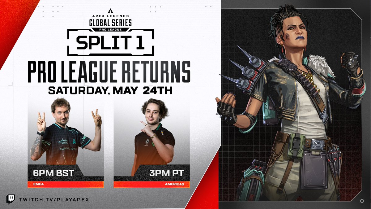 PlayApexEsports's tweet image. 🚨Pro League is back starting this weekend! See you guys in chat on our main broadcast twitch.tv/playapex

EMEA starts at 6pm BST
Americas starts at 3pm PT