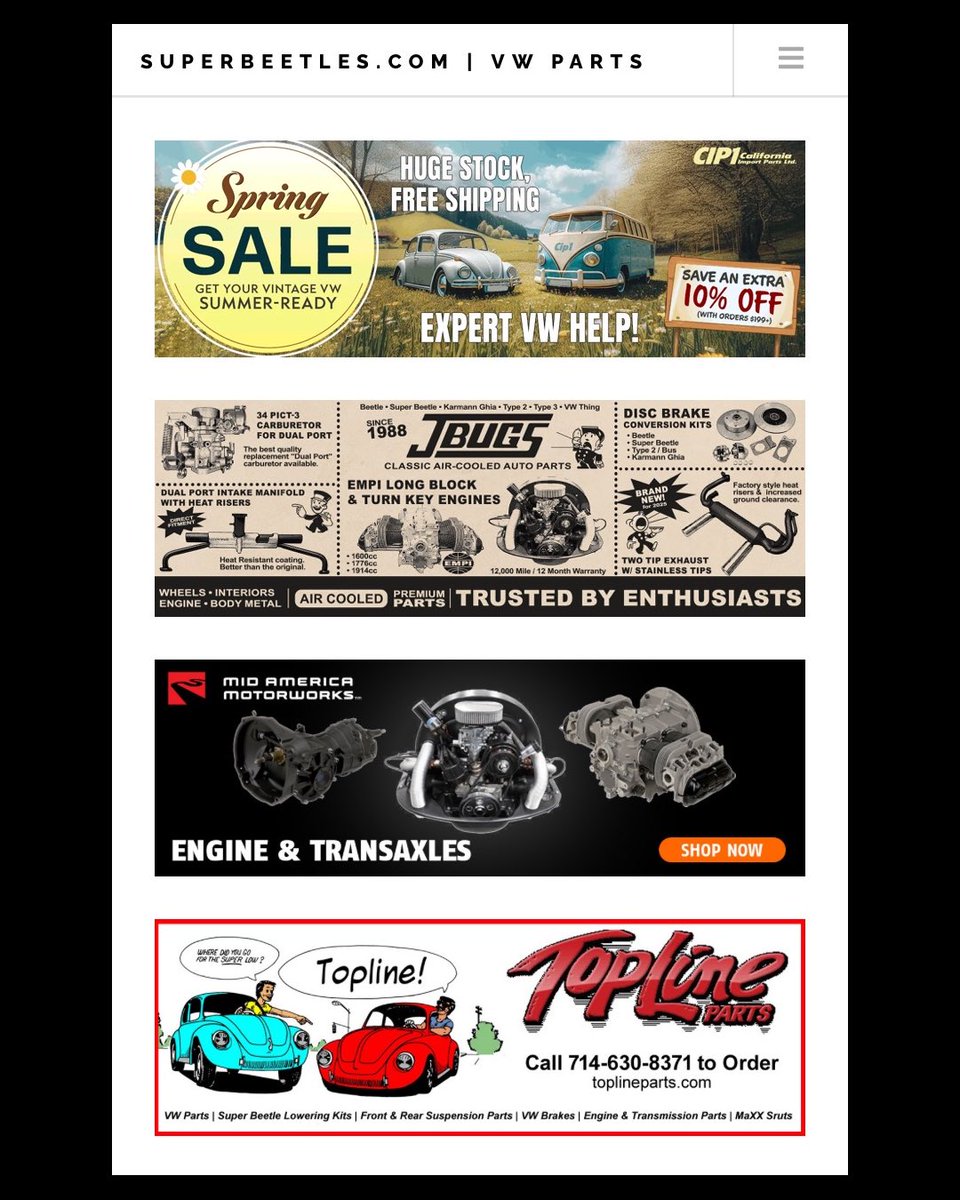 I’d like to give a huge shout-out and heartfelt thanks to CIP1.com, JBugs.com, Mid America Motorworks and Top Line Parts! For over two decades, these incredible companies have been partners with SuperBeetles.com! Super places for Super Parts!