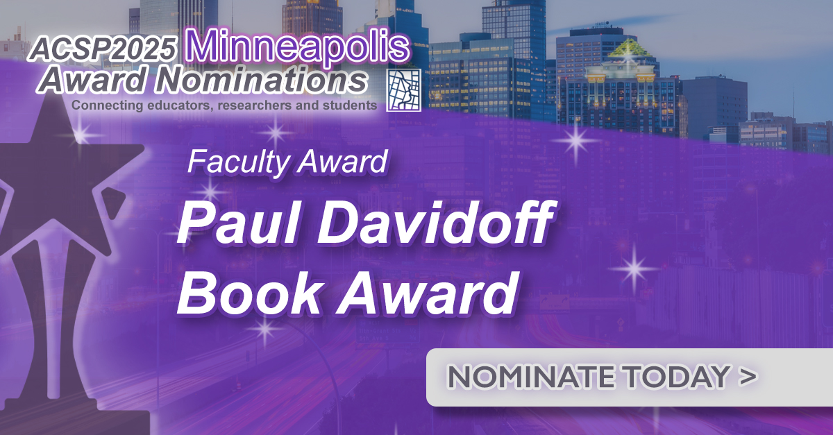 📖 The Paul Davidoff Book Award celebrates ACSP members whose scholarship advances participatory planning and social justice. If you’ve read a powerful planning book by a fellow member—nominate it today.
🗓 Deadline: June 1
🔗 ow.ly/OHTK50VS790
