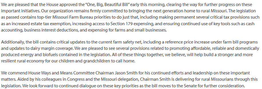 Missouri Farm Bureau President <a href="/JGarrettHawkins/">Garrett Hawkins</a> issued the following statement following the House passage of the “One, Big, Beautiful Bill.” #mofb #missourifarmbureau #moag