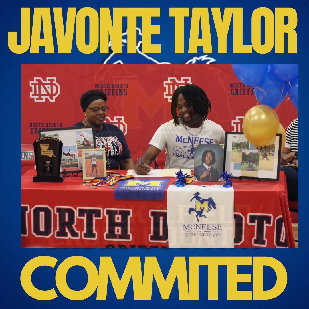 Javonte Taylor just signed to McNeese St.  He was a 4 year state qualifier, 6x state medalist, 2xHigh Jump state champion, 2xTriple Jump state champion, and the School record holder in Long Jump 22’4, Triple Jump 47”2, and High Jump 6’9.5.  Great career
