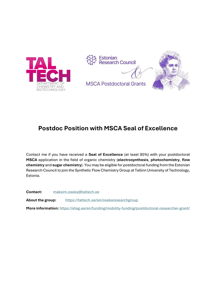 A unique opportunity for MSCA Seal of Excellence holders! Contact me if your proposal was on ⚡️electrosynthesis, 💡photochemistry, ⏩flow or 🍬sugar chemistry.

etag.ee/en/funding/mob…

#MSCA #Postdoc #TalTech #ResearchOpportunity