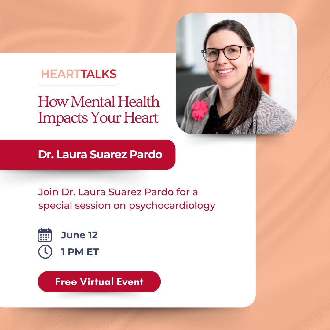 Mental health is heart health. Join us June 12 at 1 PM ET for a free HeartTalk with Mayo Clinic psychiatrist Dr. Laura Suarez Pardo on the mental health needs of women with heart disease.

🔗 Register: womenheart-org.zoom.us/webinar/regist…

#HeartHealth #MentalHealth #WomenHeart