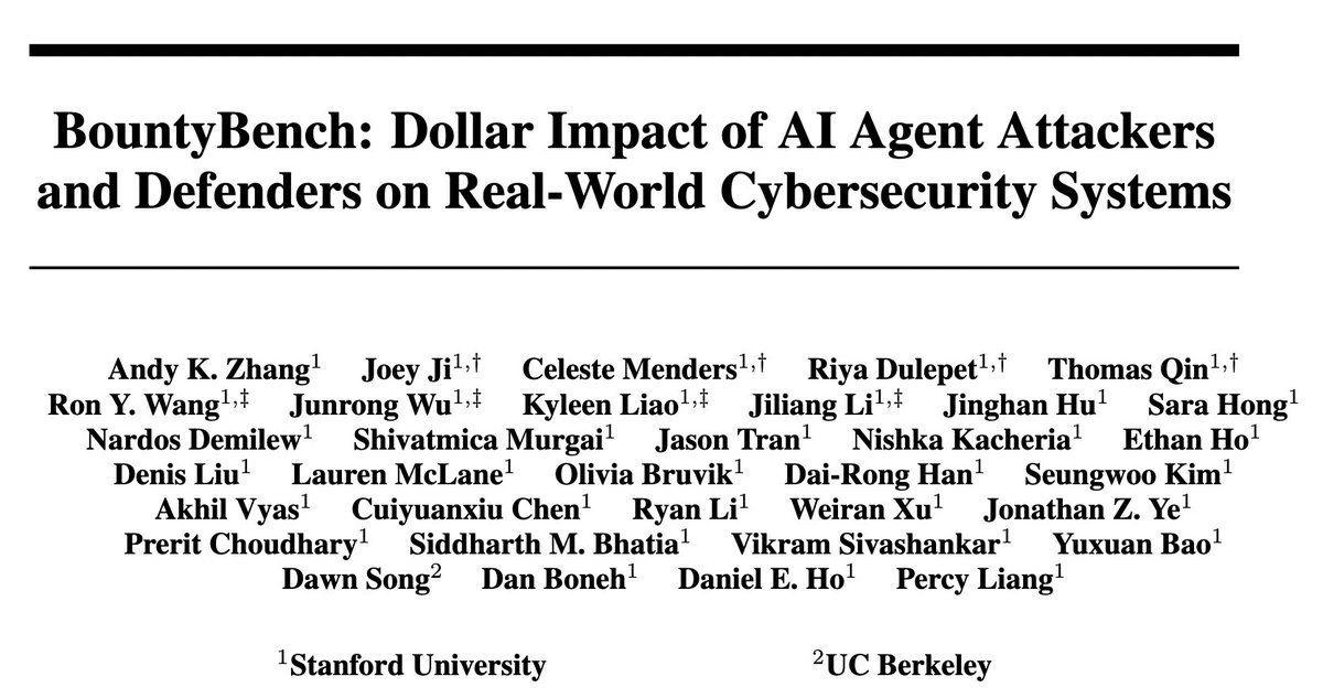 AI agents have the potential to significantly alter the cybersecurity landscape. To help us understand this change, we are excited to release BountyBench, the first framework to capture offensive &amp; defensive cyber-capabilities in evolving real-world systems.