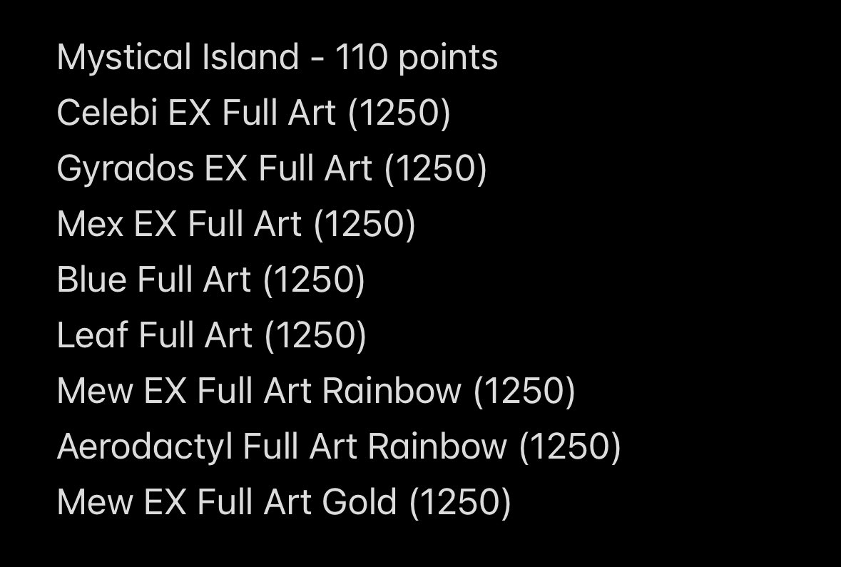 Working on completing Mystical Island in #PokemonTCGPocket and down to 8 cards needed. Anyone willing to trade? I know I need to get the Rainbows and golds. But got some extra EX Full Arts and Full Arts to trade