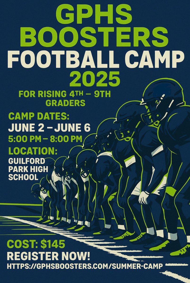 Excited about our 2nd annual GPHS Booster 🏈 Camp

Great opportunity for young athletes in the Route 1 area to learn from high quality coaches.

🔵Position specific drills
🟢OFF and DEF fundamentals
🔵Weight Room Intro
🟢Competitions/Challenges

Register⬇️
gphsboosters.com/summer-camp