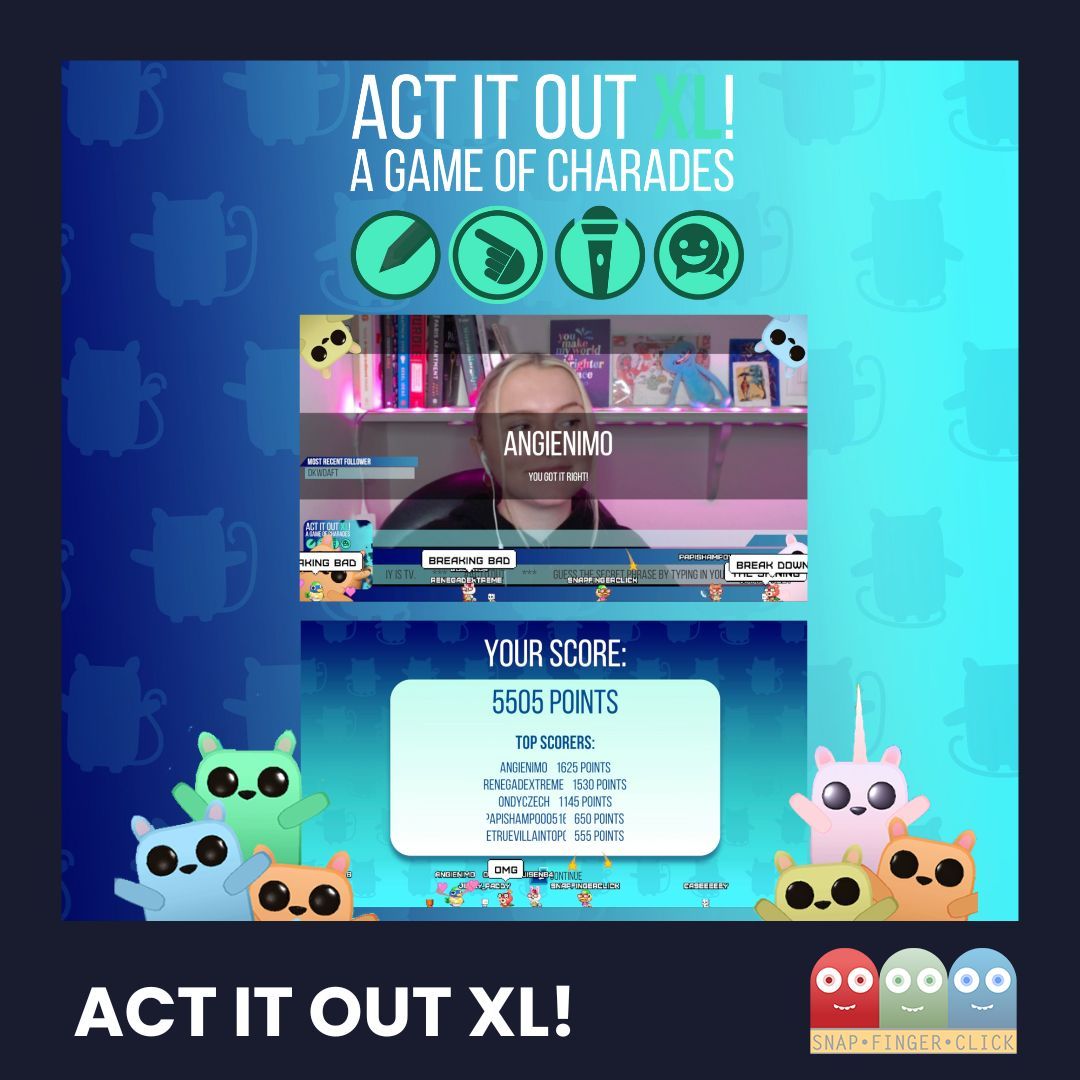 We're #PuttingTheMultiBackIntoMultiplayer with ACT IT OUT XL! 🎭

The perfect game for a Twitch games night where you can play with thousands of people! 🌍

The host will act out, describe, draw or sing a prompt and you simply guess by typing in chat! 💬

snapfingerclick.com/game-actitoutx…