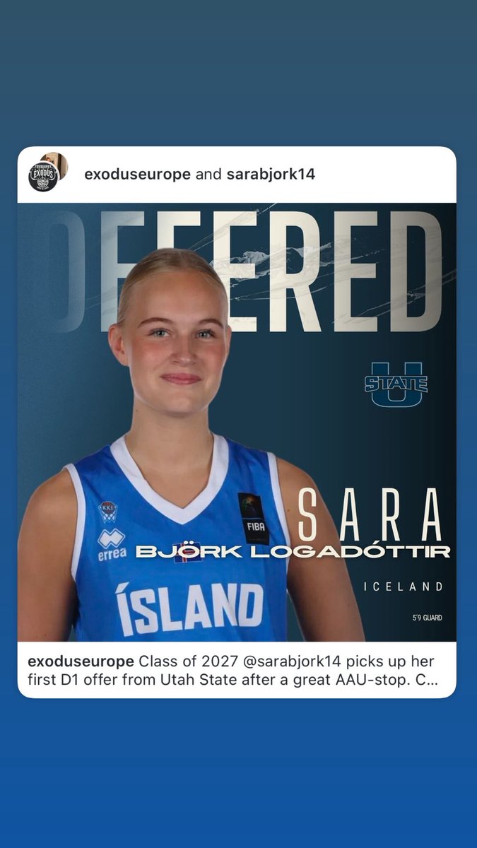 Sara Bjรถrk Logadรณttir (@sarabjork14) on Twitter photo After a great conversation with coach Brooks <a href="/coachwesbball/">Wesley Brooks</a> , I have received my first D1 scholarship offer from Utah State. So excited. Thank you to <a href="/USUAggies/">Utah State University</a> and the coaching staff.
#classof2027
<a href="/exoduseurope/">exoduseurope</a>
<a href="/YohannaAraya/">Yohanna Araya-Brooks</a>
<a href="/college_agency/">College Athletics Agency</a> After a great conversation with coach Brooks <a href="/coachwesbball/">Wesley Brooks</a> , I have received my first D1 scholarship offer from Utah State. So excited. Thank you to <a href="/USUAggies/">Utah State University</a> and the coaching staff.
#classof2027
<a href="/exoduseurope/">exoduseurope</a>
<a href="/YohannaAraya/">Yohanna Araya-Brooks</a>
<a href="/college_agency/">College Athletics Agency</a>
