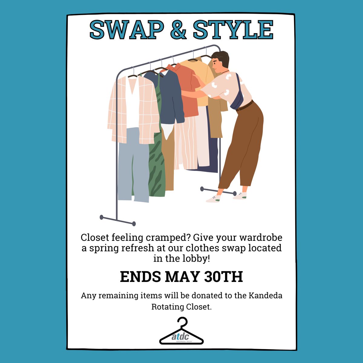 atdc's tweet image. Found more in your closet than you bargained for while spring cleaning?

No worries, the Swap &amp;amp; Style Clothing Exchange is in full swing in the ATDC Lobby, so bring your clean and gently used items to drop off, and maybe pick up a new piece as well!

#ATDC #StyleSwap