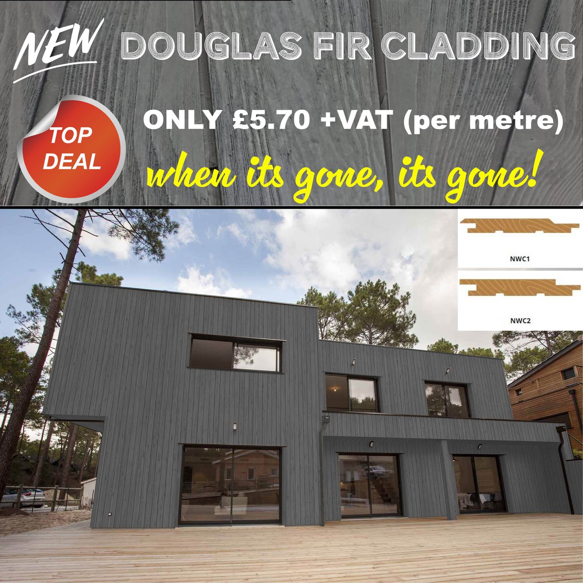 ⏰ Hurry while stock lasts! 
This premium Douglas Fir cladding is from Canada &amp; would give any home a modern, stylish look.  Choose from 2 sleek profiles. Shop here 🛍️ ow.ly/3ix150VWZeu