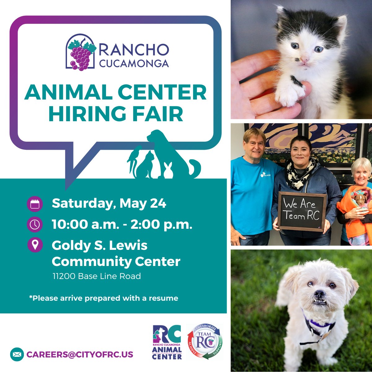 We're hosting a hiring fair for Animal Care Attendants! 🐾 

📅 Saturday, May 24
🕙 10:00 a.m. - 2:00 p.m.
📍 Goldy S. Lewis Community Center (11200 Base Line Road)
 
Apply in advance at bit.ly/3H4nhPH.