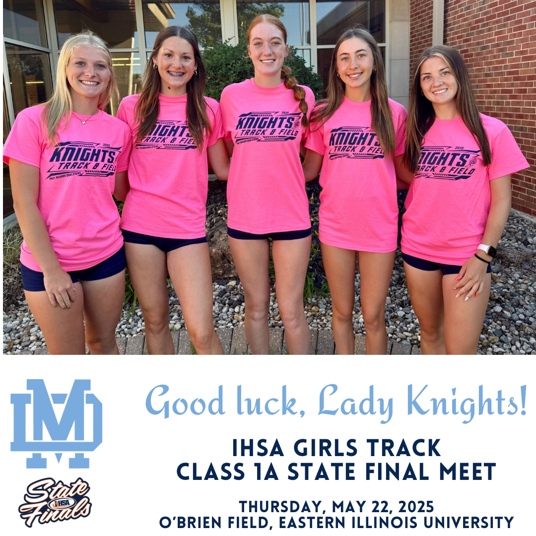 We wish our Track &amp; Field Lady Knights “Good luck!” as they compete in the IHSA Class 1A State Final Meet today, May 22!

👟1600m: Finley Haag

👟300m Hurdles: Kayden Barriger

👟4x800m:  Reid Emig, Finley Haag, Isabella Hacker, and Reagan Napovanice

#WeAreMD #LeadInspireServe