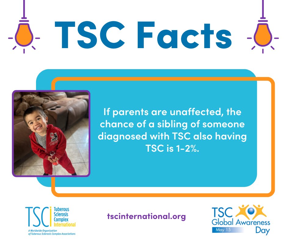 ⭐Day 22 of TSC Awareness Month! ⭐

If parents are unaffected, the chance of a sibling of someone diagnosed with TSC also having
TSC is 1-2%.

Learn more about TSC Global Awareness initiatives at tscglobalday.org.

#tscglobalawarenessday #tuberoussclerosiscomplex