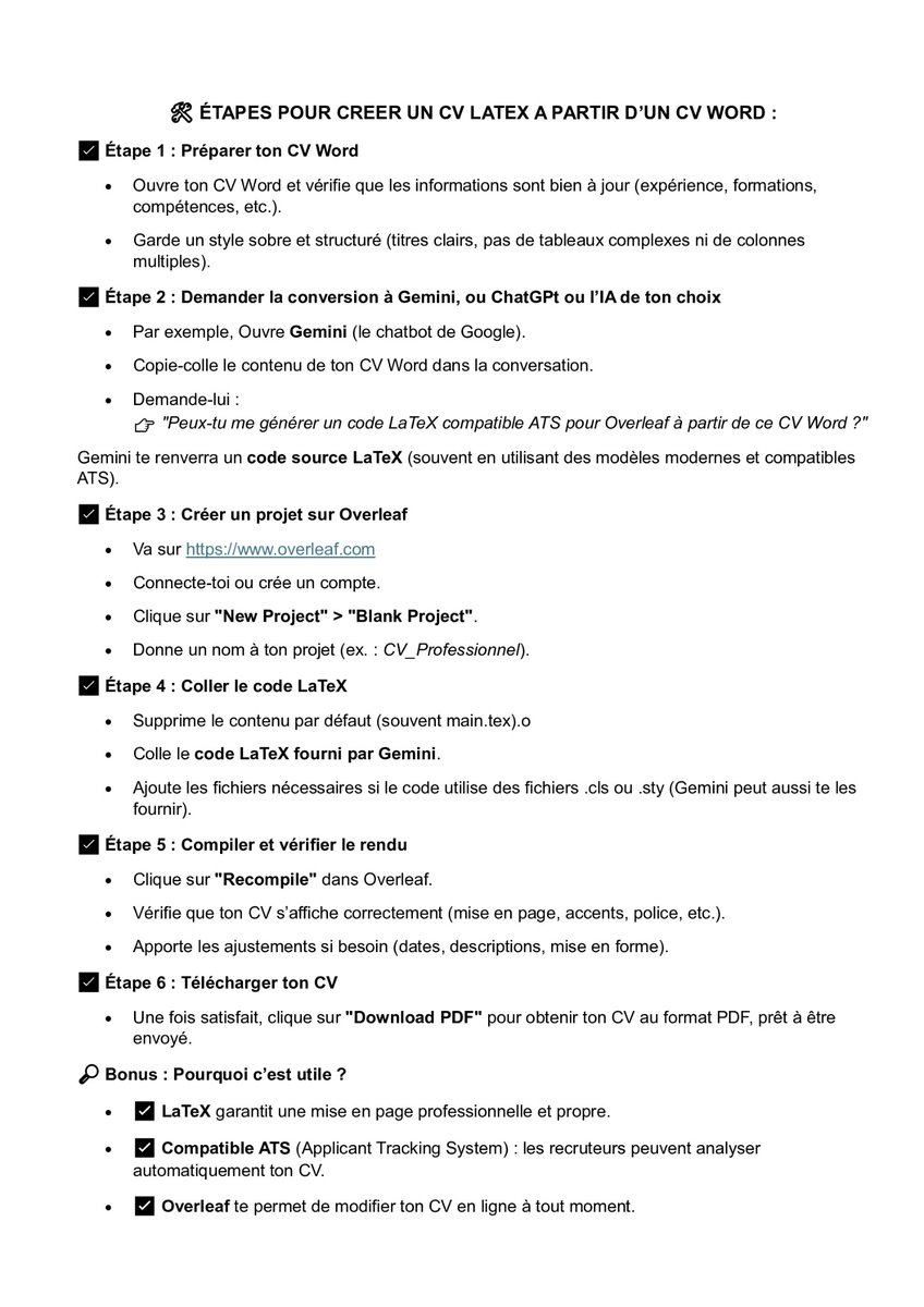 gomis_donatien's tweet photo. Pour un CV en LaTeX, tu peux simplement demander à Gemini ou à l’IA de ton choix de te fournir un code Overleaf de ton CV Word qui respecte les normes ATS. Ensuite, tu copies le code sur Overleaf, et le tour est joué : tu auras un beau CV.
Ce-dessous la procédure. https://t.co/9kH3HqLyrZ