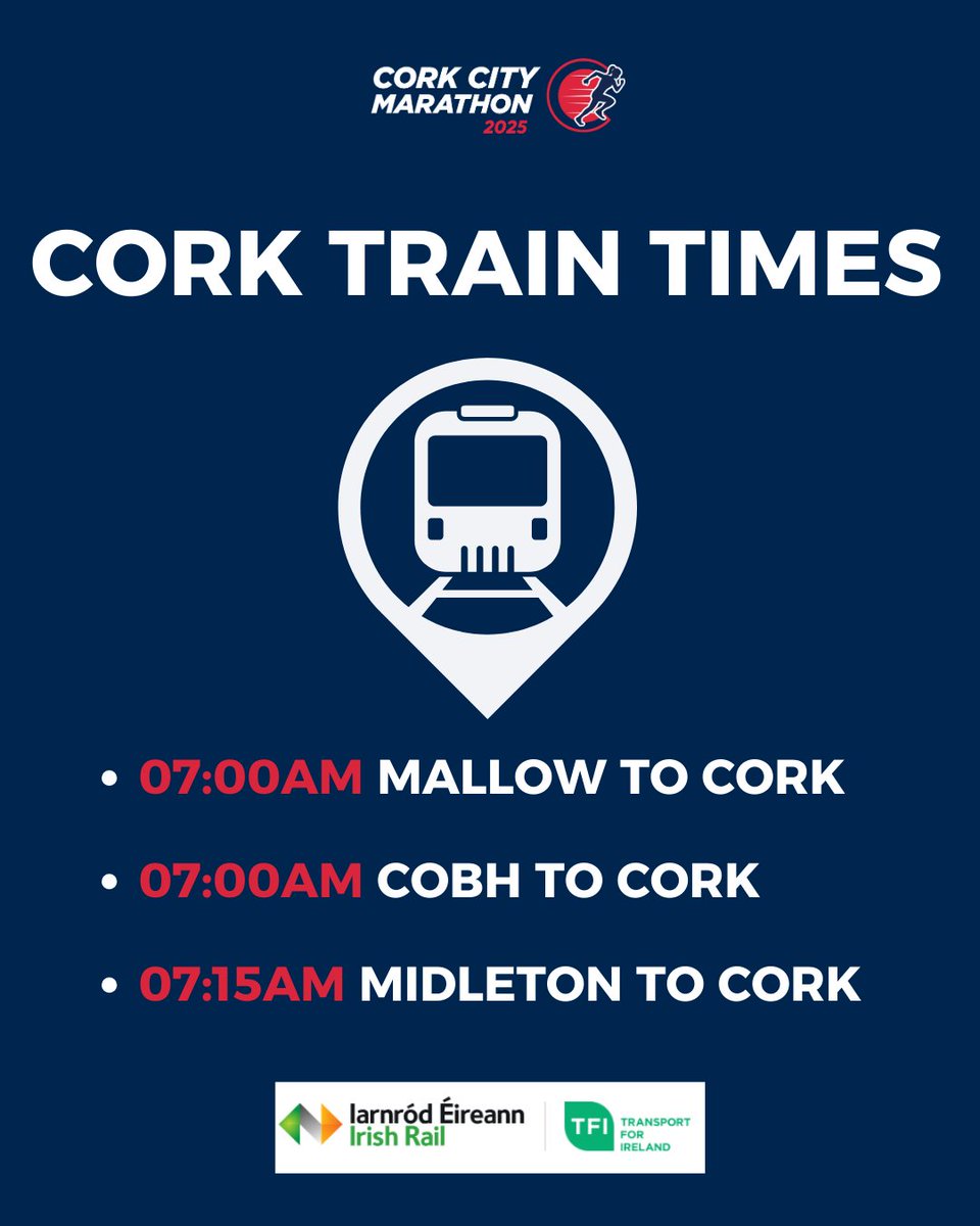 Cork City Marathon (@thecorkmarathon) on Twitter photo Travelling from Mallow, Cobh or Midleton to Cork City Marathon? Get there on time with <a href="/IrishRail/">IarnrĂłd Ăireann</a>.
Trains operating at below times on Sunday morning.
7:00am Mallow to Cork Kent
7:00am Cobh to Cork Kent
7:15am Midleton to Cork Kent
Book now at irishrail.ie Travelling from Mallow, Cobh or Midleton to Cork City Marathon? Get there on time with <a href="/IrishRail/">IarnrĂłd Ăireann</a>.
Trains operating at below times on Sunday morning.
7:00am Mallow to Cork Kent
7:00am Cobh to Cork Kent
7:15am Midleton to Cork Kent
Book now at irishrail.ie