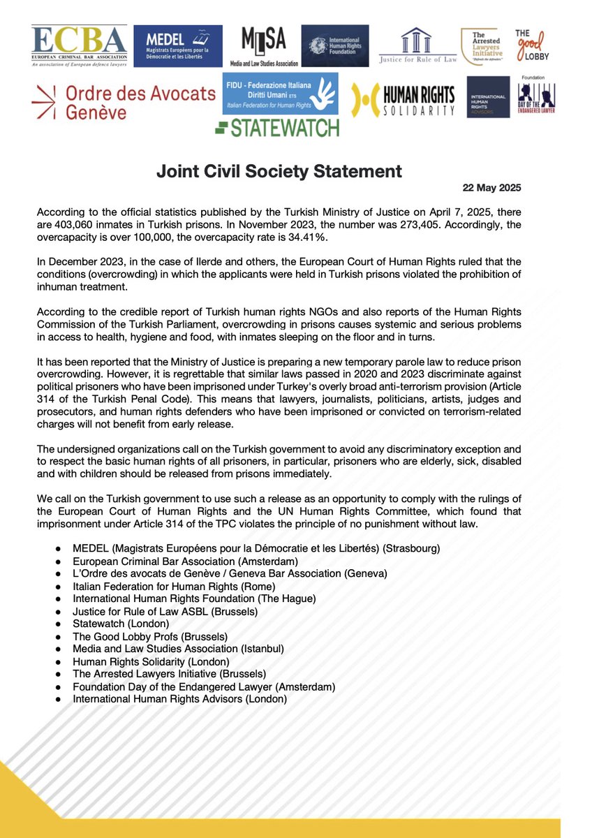 Together with <a href="/EuropeanCBA/">ECBA</a>, <a href="/FIDU_ETS/">FIDU - Federazione Italiana Diritti Umani</a>, <a href="/Statewatch/">Statewatch</a>, <a href="/OrdreAvocatsGE/">Ordre des avocats de Genève</a>, <a href="/MedelEurope/">MEDEL</a>, <a href="/SolidarityHR/">Human Rights Solidarity</a>, <a href="/IHRF_English/">International Human Rights Foundation</a>, <a href="/mlsaturkey/">MLSA</a>, <a href="/Justice4RoL/">JUSTICE FOR RULE OF LAW</a>, <a href="/GoodLobbyProfs/">The Good Lobby Profs</a> and others, we called on Turkish government not to discriminate against political prisoners in forthcoming new parole law.