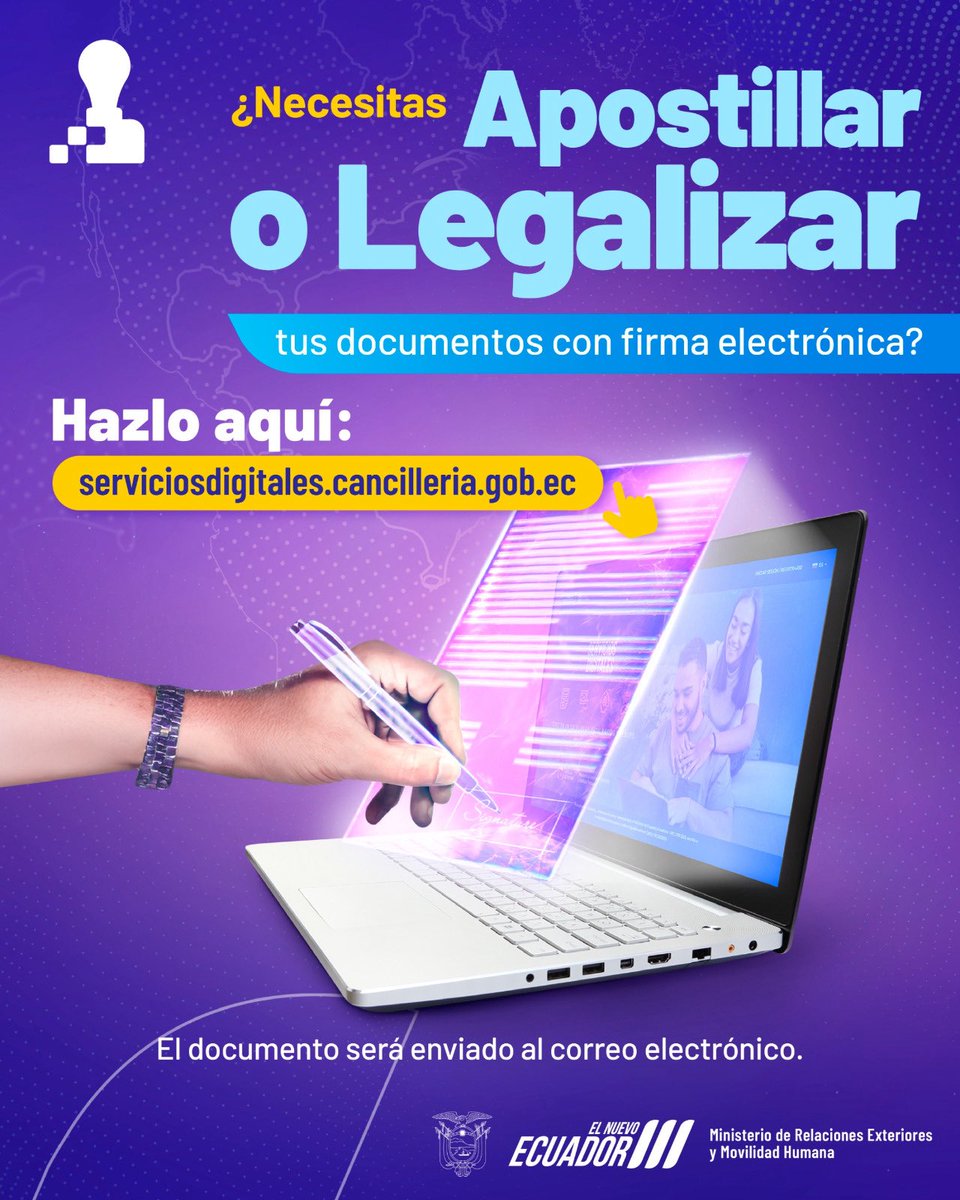 Cancillería del Ecuador 🇪🇨 (@cancilleriaec) on Twitter photo ¡Estás a un clic de los servicios de <a href="/CancilleriaEc/">Cancillería del Ecuador 🇪🇨</a>!
Simplificamos los trámites a través de nuestro portal de Apostillas y Legalizaciones Electrónicas.
Conoce más
Tutorial👉 youtube.com/watch?v=FMu4i4…
Apostilla 👉 serviciosdigitales.cancilleria.gob.ec/authentication ¡Estás a un clic de los servicios de <a href="/CancilleriaEc/">Cancillería del Ecuador 🇪🇨</a>!
Simplificamos los trámites a través de nuestro portal de Apostillas y Legalizaciones Electrónicas.
Conoce más
Tutorial👉 youtube.com/watch?v=FMu4i4…
Apostilla 👉 serviciosdigitales.cancilleria.gob.ec/authentication