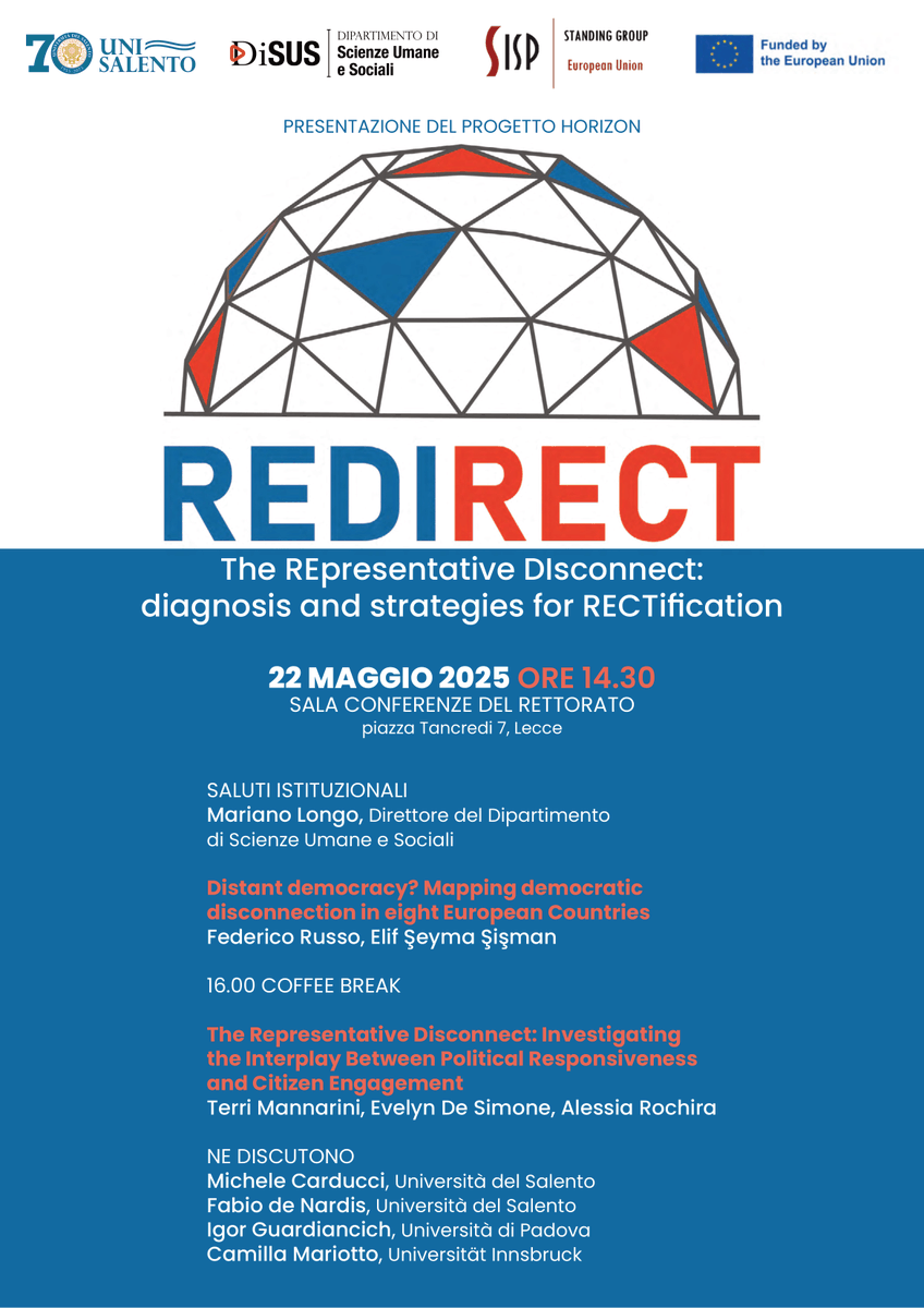 REDIRECT (@redirect_usiena) on Twitter photo 🚨 Feeling disconnected from politics? You're not alone.
📍On May 22 at <a href="/unisalento/">UniSalento</a> , <a href="/FedRusso/">Federico Russo</a> and the #REDIRECT UniSalento team present their research on the citizens-institutions gap, political responsiveness & democratic engagement.
Let’s talk democracy, and how to fix it 🚨 Feeling disconnected from politics? You're not alone.
📍On May 22 at <a href="/unisalento/">UniSalento</a> , <a href="/FedRusso/">Federico Russo</a> and the #REDIRECT UniSalento team present their research on the citizens-institutions gap, political responsiveness & democratic engagement.
Let’s talk democracy, and how to fix it