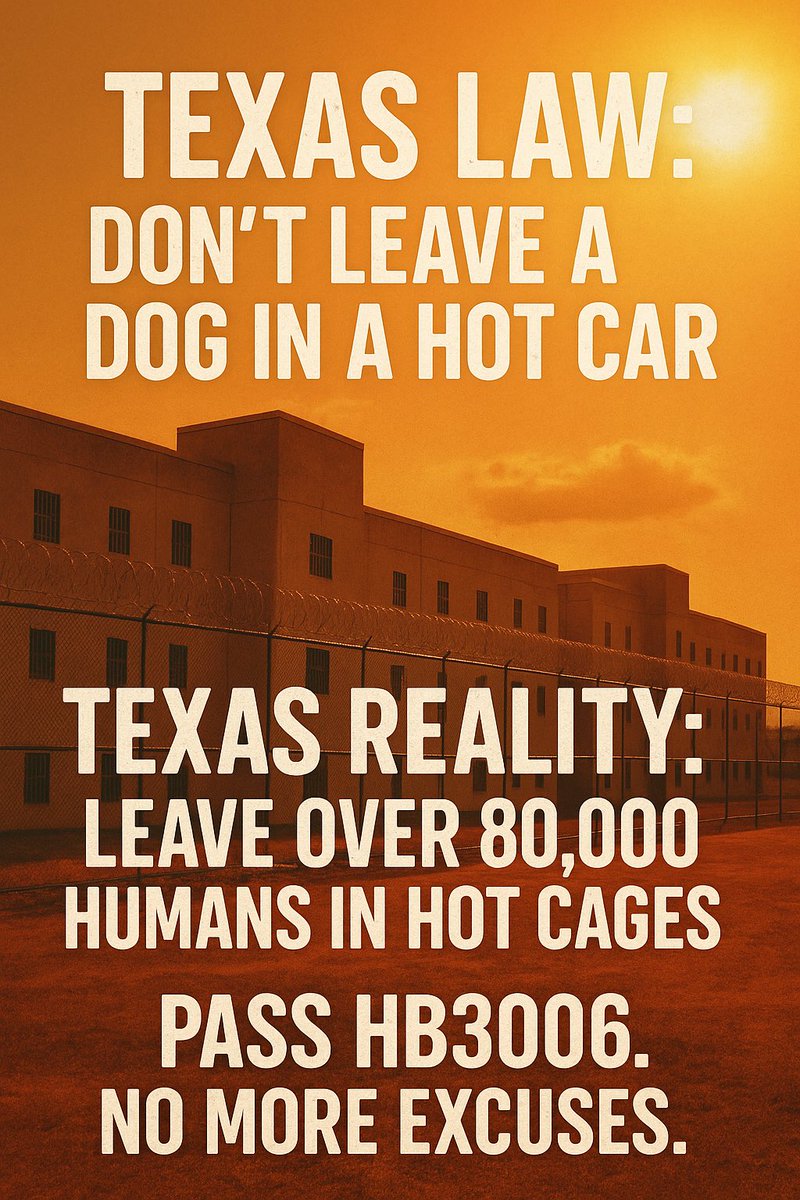 In Texas, it’s illegal to leave a dog in a hot car. But it’s still legal to lock a human in a sweltering concrete cell with no AC.

HB3006 passed the House—now it’s stalled.
Lt. Gov. Dan Patrick won’t refer it to committee.
@txlege <a href="/TerryCanales40/">Terry Canales</a>  <a href="/Menendez4Texas/">José Menéndez</a> 
Call him out.