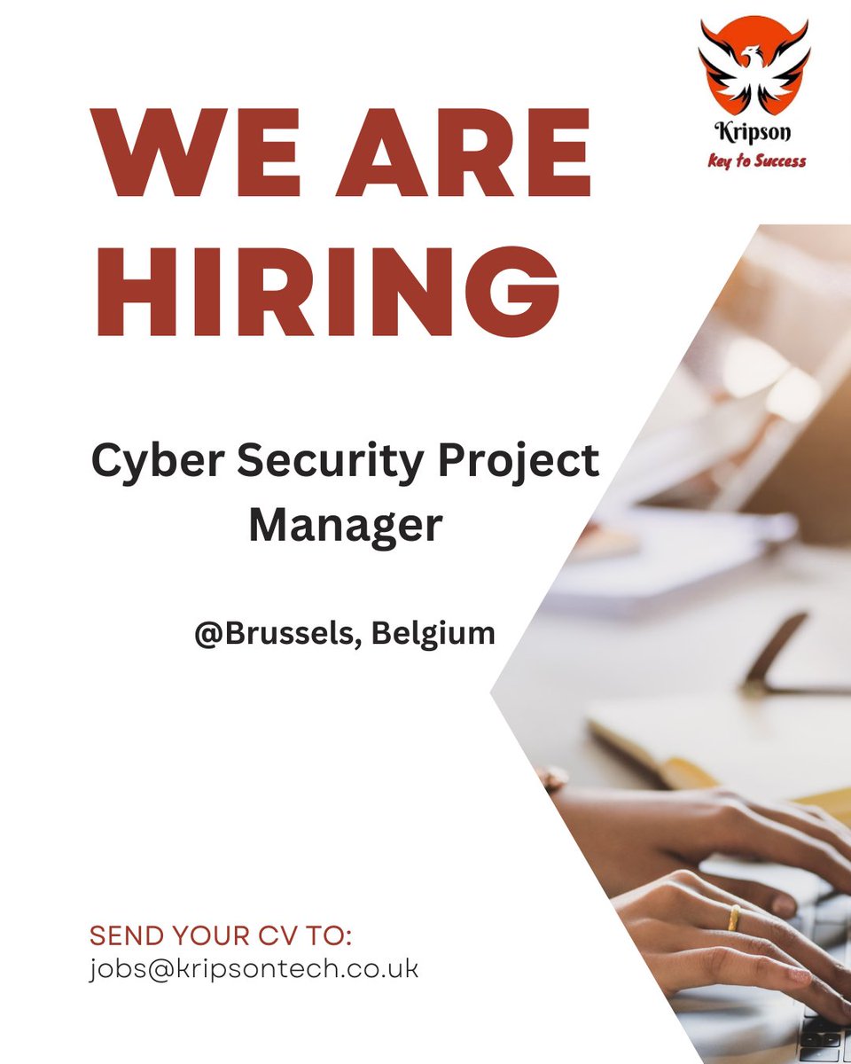 KripsonTech's tweet photo. We're Hiring!

Position: Cyber Security Project Manager
Location: Brussels, Belgium (Hybrid)

Apply now!
📧 Send your CV to: jobs@kripsontech.co.uk

#KripsonTech #CyberSecurityJobs #ProjectManager #BrusselsJobs #TechCareers #NowHiring #CyberSecurity #HybridWork https://t.co/0xh0UdOiQU