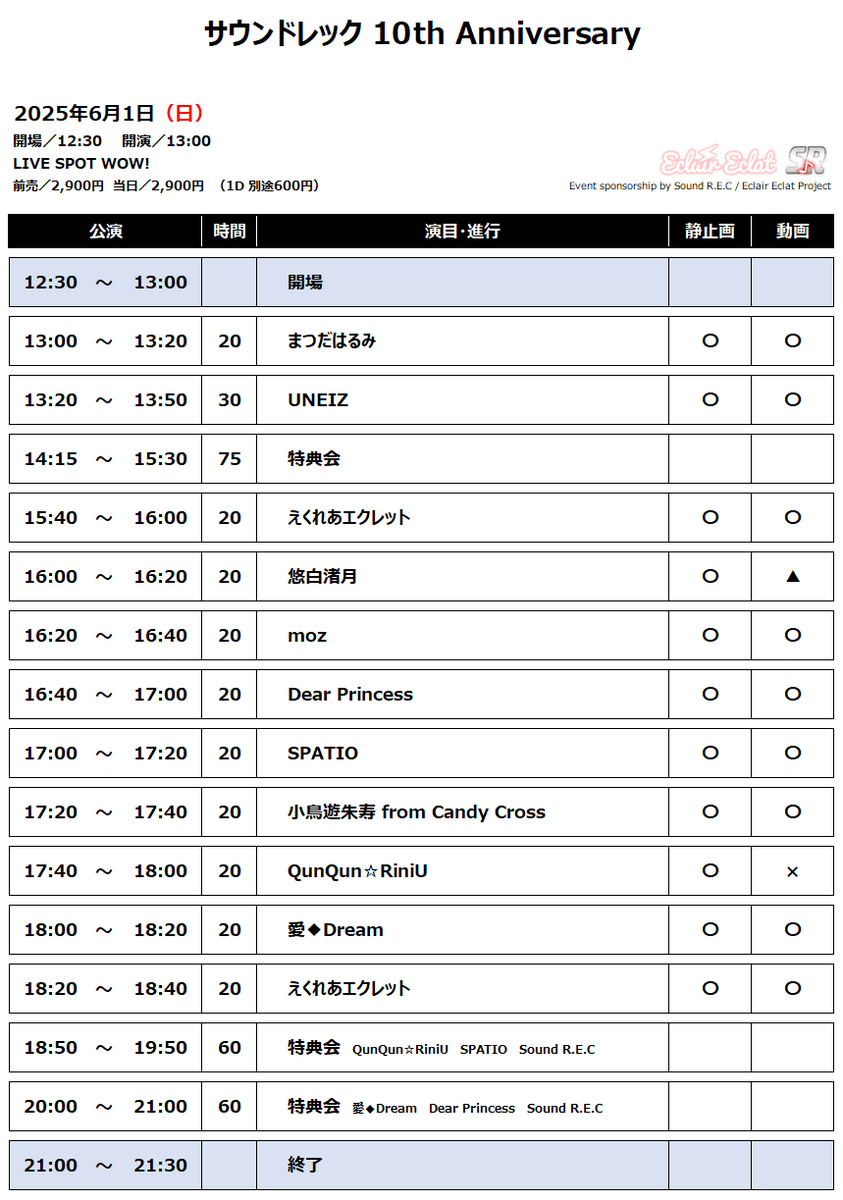 MaskMoz's tweet photo. 6/1「サウンドレック 10th Anniversary」
【場所】LIVE SPOT WOW!
【開場】12:30
【開演】13:00
【料金】2,900円（+1D600円）
　※高校生以下は入場無料
【CAST】
えくれあエクレット
小鳥遊朱寿 from Candy Cross
moz
Dear Princess
悠白渚月
まつだはるみ
SPATIO
QunQun☆RiniU
愛◆Dream
UNEIZ https://t.co/K1keQRHDgJ