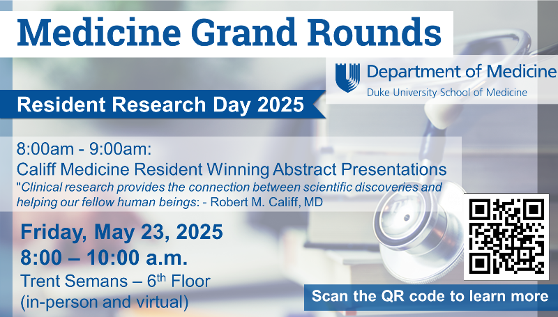 Join us for Resident Research Day 2025 MGR tomorrow at 8 a.m. in Trent Semans - 6th Floor and via Zoom!
☕️7:45 - 8 Coffee
📄8 - 9: Califf Medicine Resident Winning Abstract Presentations
🏆9 - 10: Poster Competition