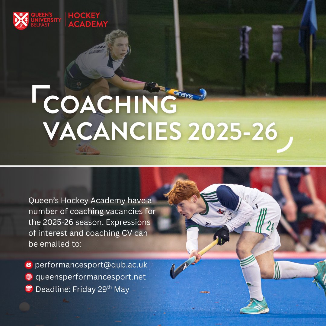 Queen's Performance Sport (@qubperfsport) on Twitter photo Queen's Hockey require lead coach, support coach, manager and practitioner support for our Women's & Men's teams from First XI through to 5XI - covering all levels of the coaching pathway.
Apply by Fri 29 May: send CV & expression of interest to performancesport@qub.ac.uk Queen's Hockey require lead coach, support coach, manager and practitioner support for our Women's & Men's teams from First XI through to 5XI - covering all levels of the coaching pathway.
Apply by Fri 29 May: send CV & expression of interest to performancesport@qub.ac.uk