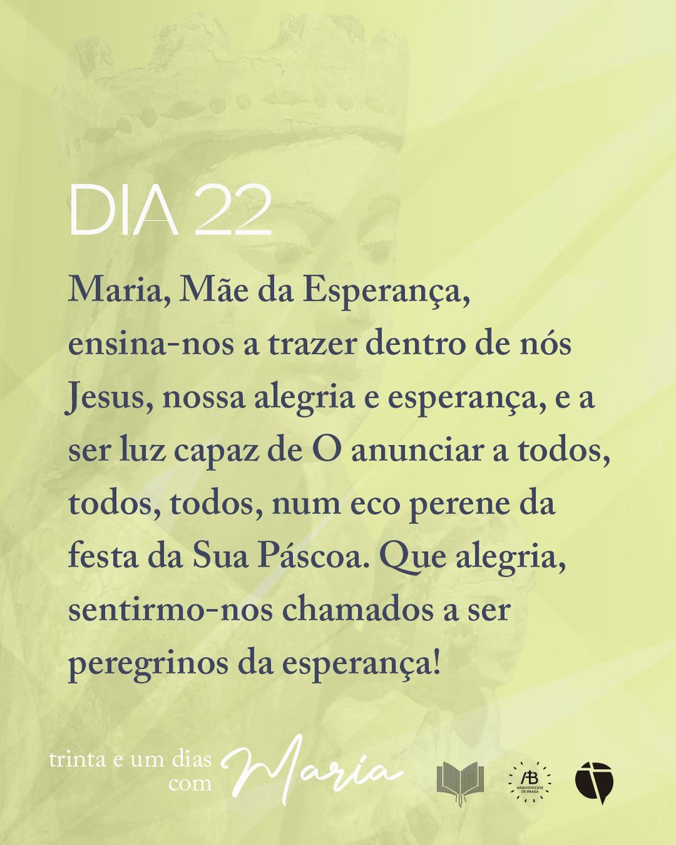 Maria, Mãe da Esperança, ensina-nos a trazer dentro de nós Jesus, nossa alegria e esperança, e a ser luz capaz de O anunciar a todos, todos, todos, num eco perene da festa da Sua Páscoa. Que alegria, sentirmo-nos chamados a ser peregrinos da esperança!
.
#31diascommaria