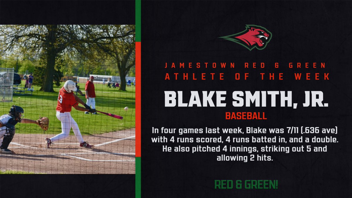 Jamestown Red & Green (@jhsredgreen) on Twitter photo Congratulations to the JHS Athlete of the Week: Blake Smith Jr. (baseball)!
<a href="/JamestownSchool/">Jamestown Public Schools</a> Congratulations to the JHS Athlete of the Week: Blake Smith Jr. (baseball)!
<a href="/JamestownSchool/">Jamestown Public Schools</a>