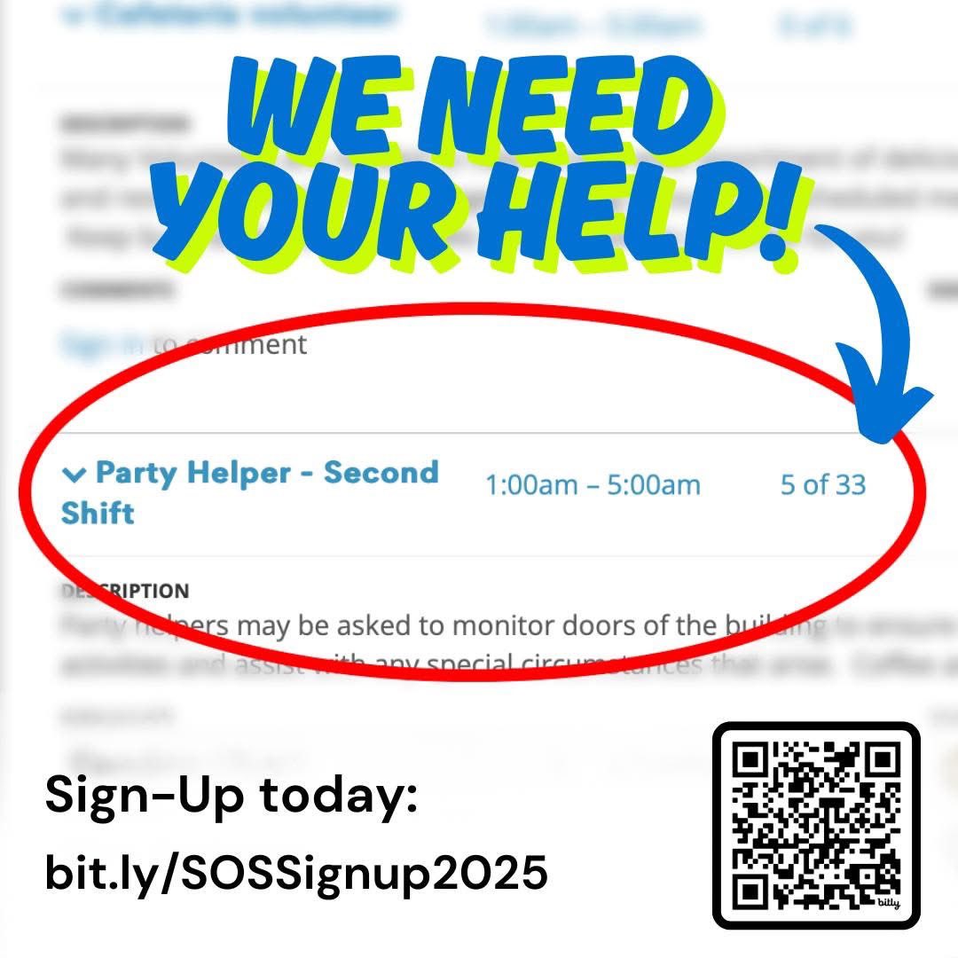 SOSNAHS's tweet image. 🚨 ONLY 5 out of 33 POSITIONS FILLED! 🚨
Please, if you have availability in the wee hours of Sat May 31st, we really could use your help staffing this epic overnight graduation party. Sign-up here: bit.ly/SOSSignup2025