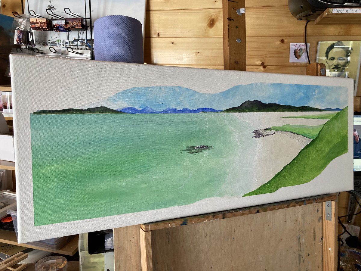 MacleanArtist's tweet image. Seilebost, acrylic on canvas 12x32 inches #beach #harris #seilebost #scotland #scottish #artwork #artist #painting #art #landscape #sunny #colour