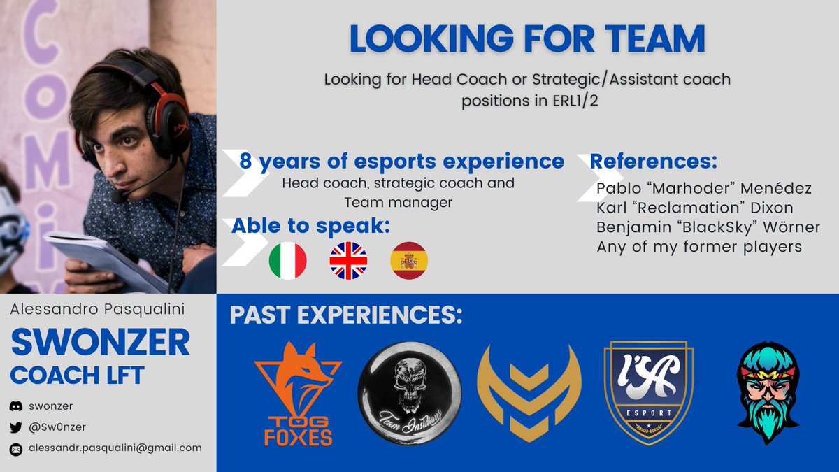 Swonzer (@sw0nzer) on Twitter photo While still working with <a href="/TOGfoxes/">TeamOrangeGaming</a> Academy, I'm allowed to explore options for Summer split.
I'm mainly looking for HC positions in ERL1, but I am open to consider any offers.
After a strong split in PRM2, my goal is to win an ERL trophy and compete in the EMEA Masters. While still working with <a href="/TOGfoxes/">TeamOrangeGaming</a> Academy, I'm allowed to explore options for Summer split.
I'm mainly looking for HC positions in ERL1, but I am open to consider any offers.
After a strong split in PRM2, my goal is to win an ERL trophy and compete in the EMEA Masters.
