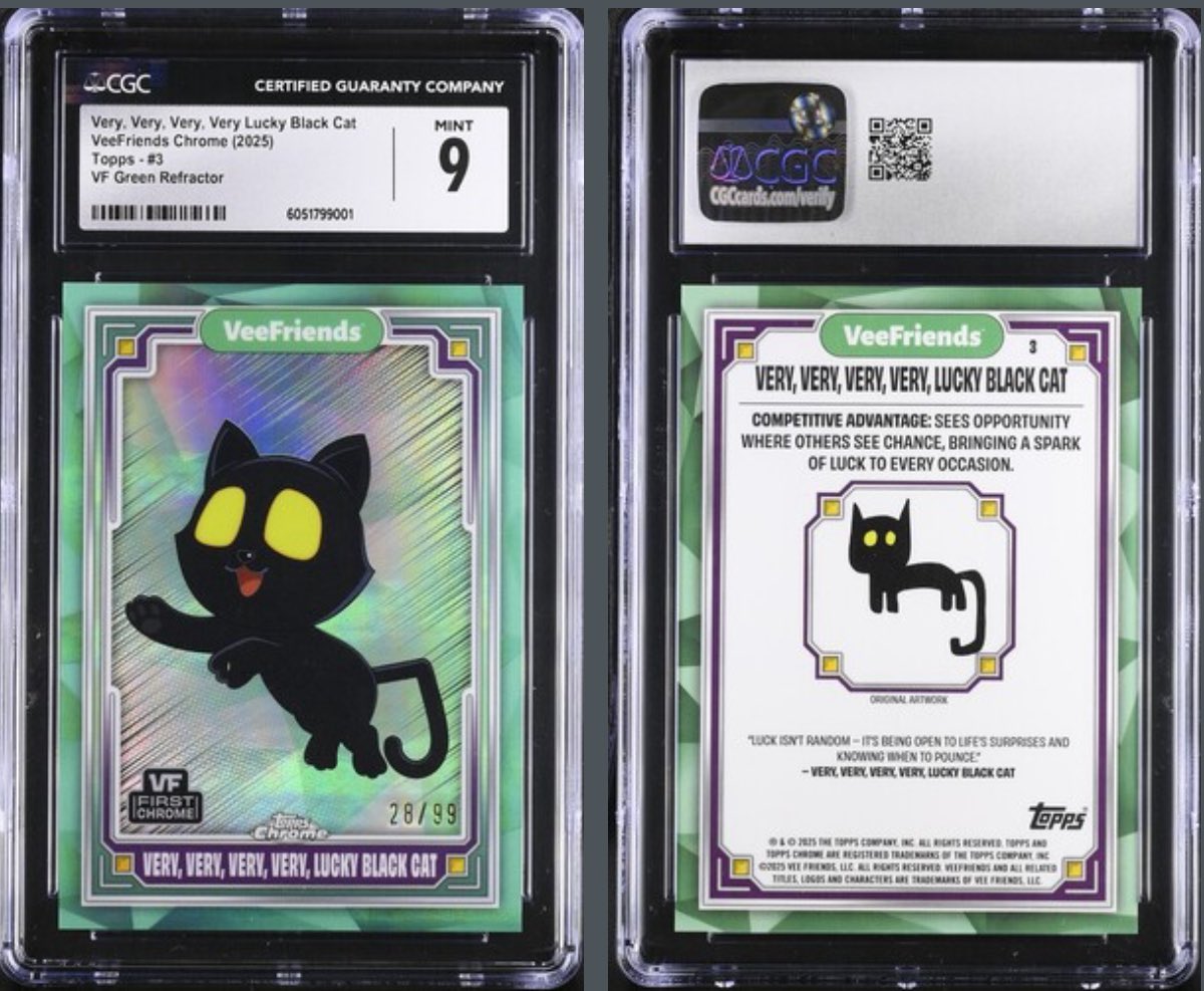 🚨 For Sale!! 🚨 

No trades. Let’s make a deal. First of its kind! 

<a href="/VeeFriendsCards/">VeeFriends Cards</a> x Topps Chrome - Very Very Very Very Lucky Black Cat /99 CGC 9 POP 1!!!
