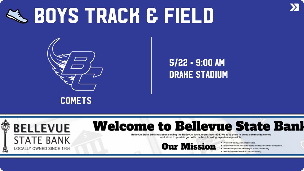 Boys Track &amp; Field (Varsity) Meet Day! - Check out the event preview for the Bellevue Comets. It starts at 9:00 AM and is at Drake Stadium Track. gobound.com/ia/ihsaa/boyst…