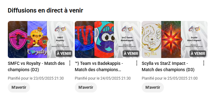 🇫🇷⚡️🇩🇪
Les matchs des champions des Ligues EBTV et DSB continuent ce week-end ! 

📺Demain, Vendredi à 21h30 ⬇️
SMFC vs Royalty (D2)

📺Samedi à 21h30 ⬇️
™}Team vs Badekappis (D9/D8)

📺Dimanche à 21h ⬇️
Scylla vs StarZ Impact (D3)

Tous derrière nos champions 🙌