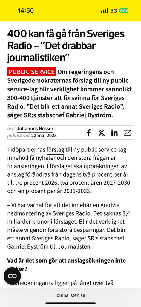 Mmm… Det bli nog svårt för demokratin och journalistiken att överleva nu när det riskerar att bli färre statsanställda vänsterliberala diskjockeys på P3. Man kanske till och med får minska antalet prisstatyetter till gangsterrappare på P3- guldgalan, eller i värsta fall, Gud